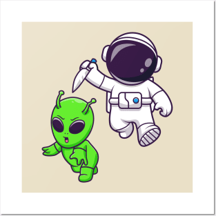 Cute Astronaut Chasing Alien With Knife Cartoon Posters and Art